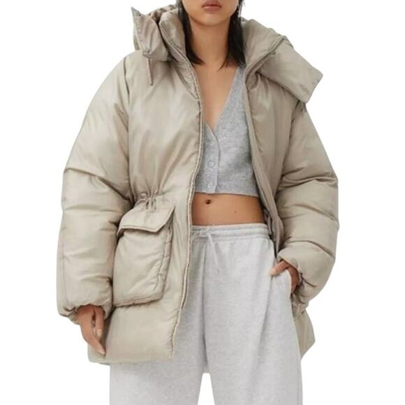 Weekday S Martine Puffer Jacket Hooded Draw Cord Waist Beige Slouchy - Picture 11 of 11